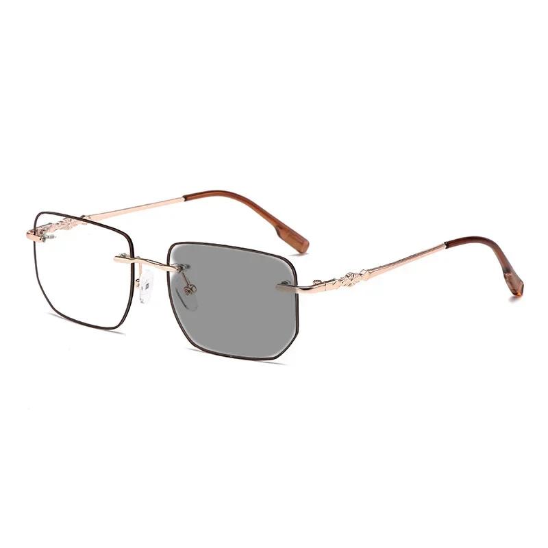 Luxurious Vintage Retro Frameless Photochromic Myopic Eyeglasses for Women and Men Fashionable Metal Blue Ray Blocking Eyeglasses 0 TO -4.0