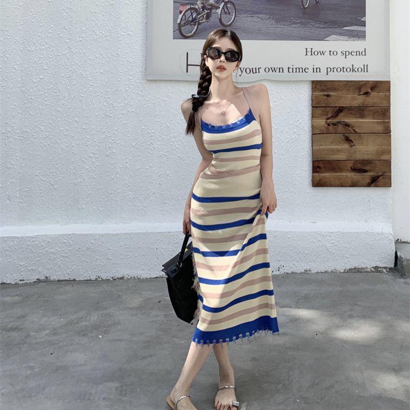 Women's Slim Fit Sleeveless Striped Knit Dress - Color Block Halter Neck for Summer 2024
