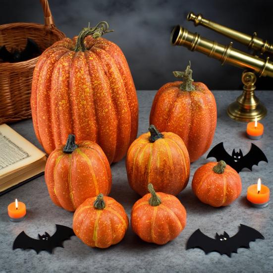7Pcs Artificial Pumpkin Fall Decoration Thanksgiving Halloween Harvest Festival Foam Faux Pumpkin Ornament Assorted Size Fake Vegetable Party Decor