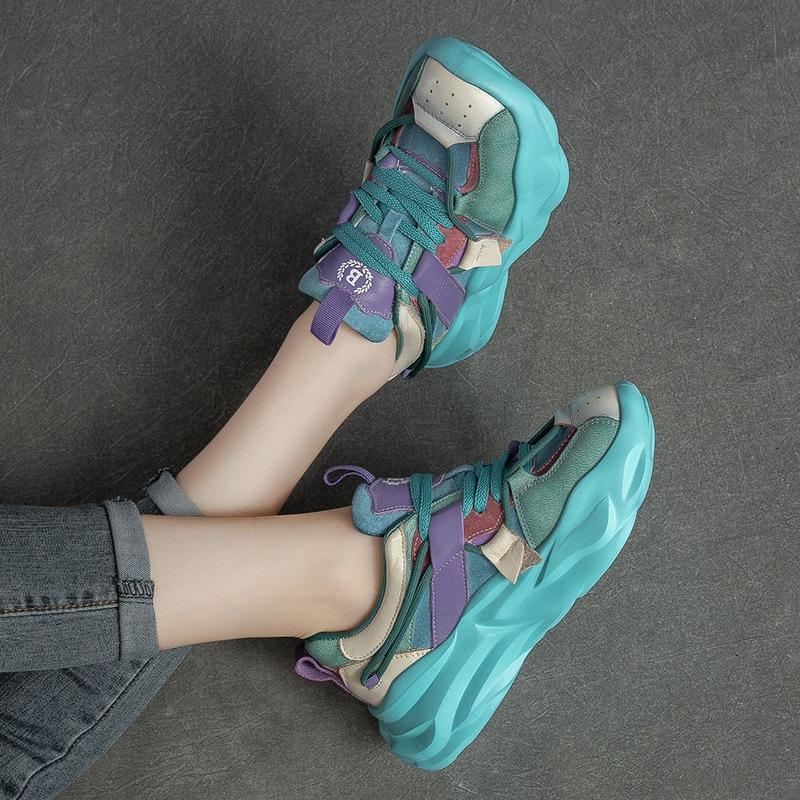 Johnature Lodičky Dámské Boty Pravá kůže Smíšené barvy Šněrovací Retro Jarní Kulatá Špička Šití Ruční práce Dámská obuv