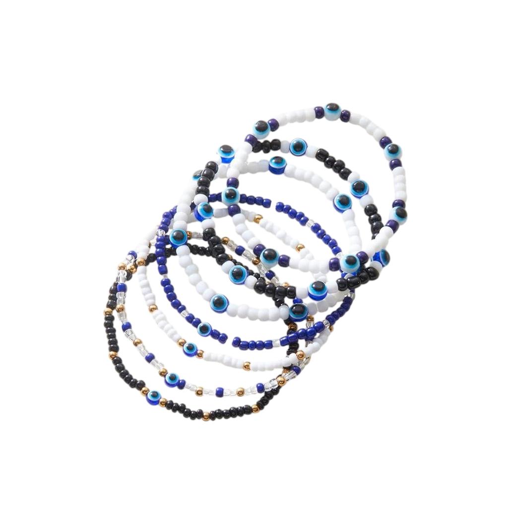 7Pcs/Set Turkish  Beaded Bracelets For Women Handmade Blue Eye Rice Beads Elastic Bracelet Protective Jewelry