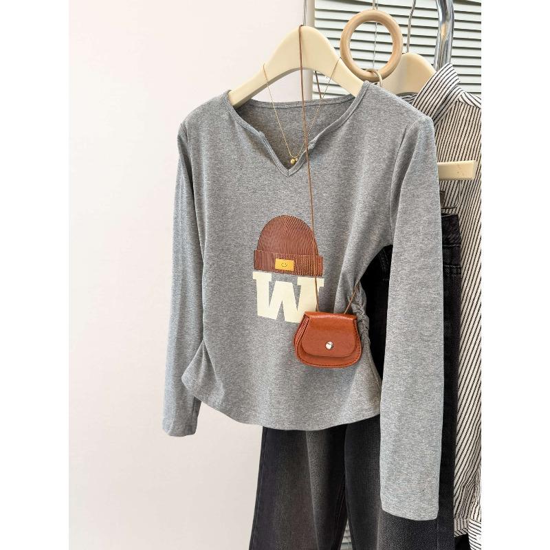 

Neck long-sleeved T-shirt women s morning new slim-fit inner and outer bottoming shirt short 2XL серый