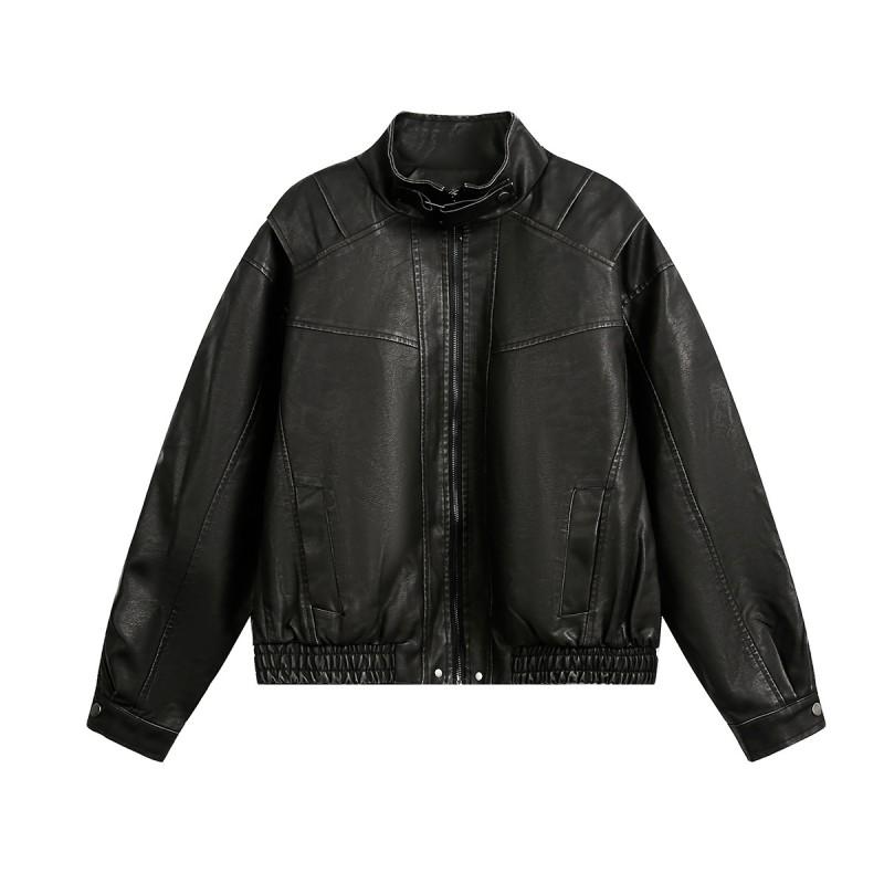 Mens Vintage Streetwear Biker Jacket With Stitched Patchwork Detail Loose Fit Fall Outerwear