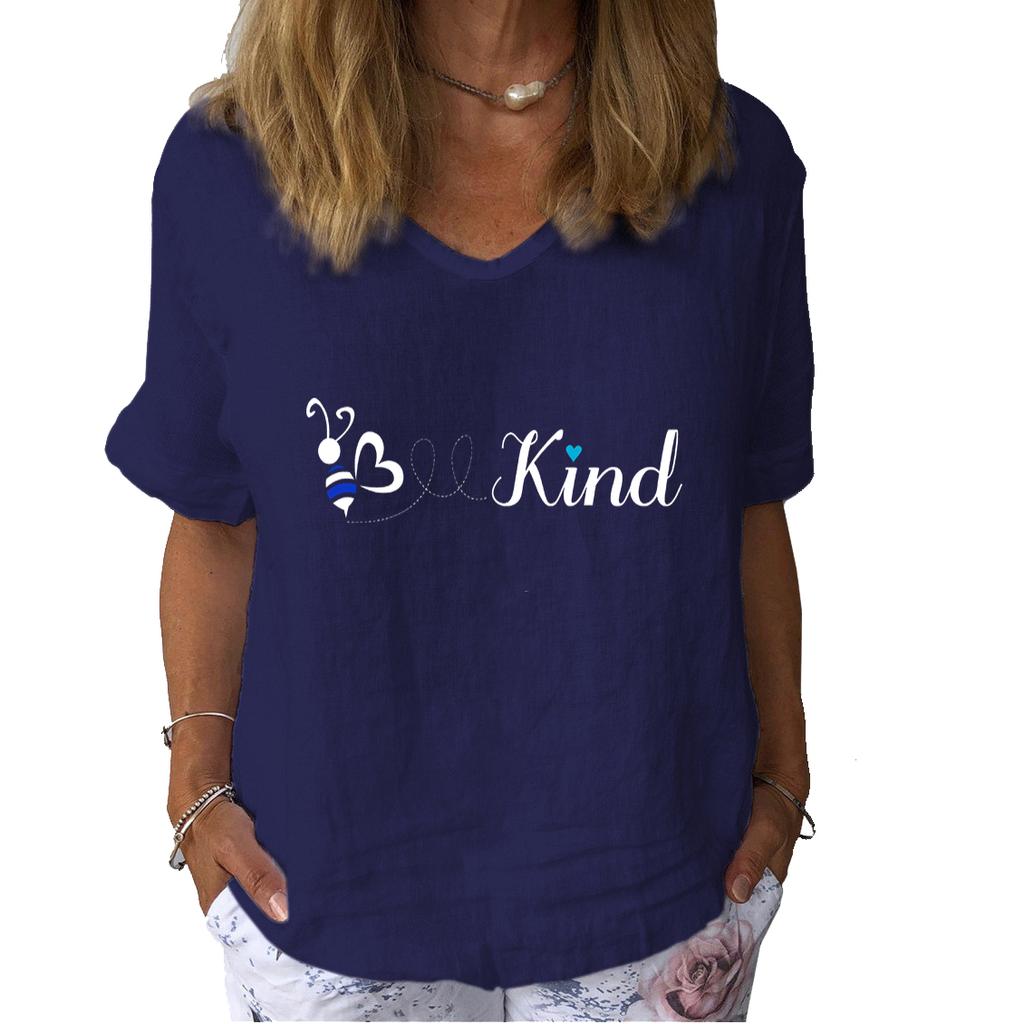 Dámské módní bavlněné lněné tričko ležérní s výstřihem do V s krátkým rukávem top dámské potištěné tričko