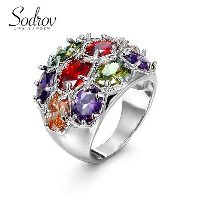 SODROV Rainbow Jewelry Colorful Crystal Zircon Rings for Women Wedding Engagement Flower Ring