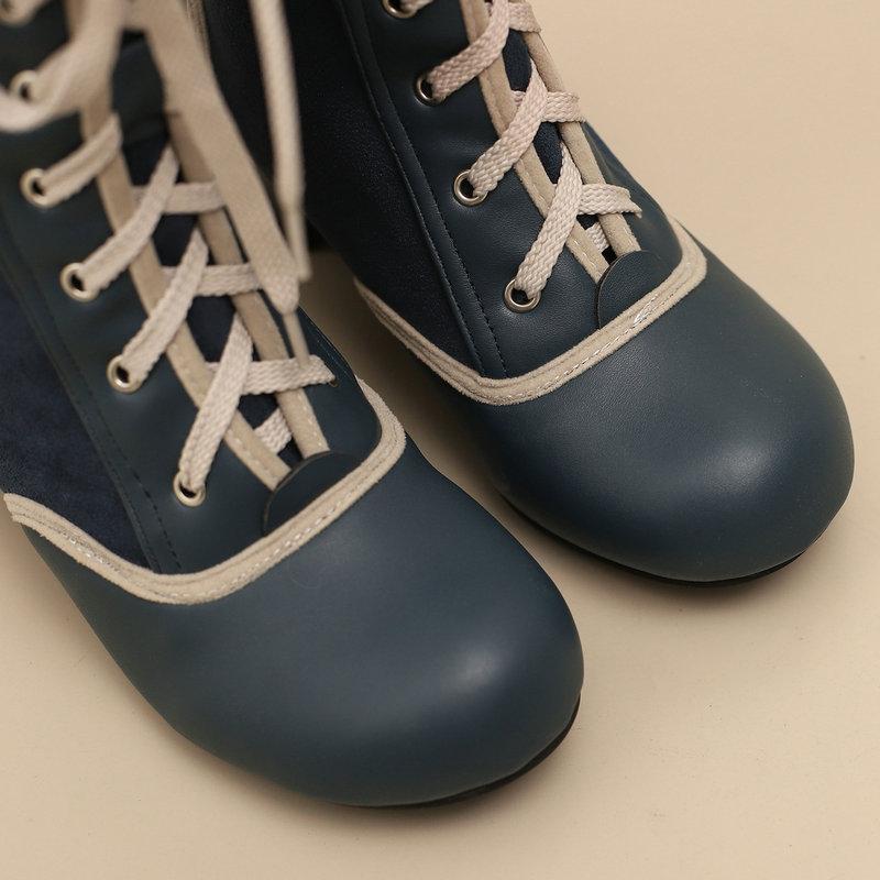 2024 Autumn Winter Retro Women's Ankle Boots Mixed Colours Cosplay Boots PU Patchwork Flock Comfy Chunky Heels Shoes