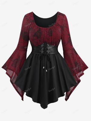 Rosegal Plus Size Flare Sleeves Glitter Rose Flower Print Ruched Lace Up PU Belted Peplum Hem Top