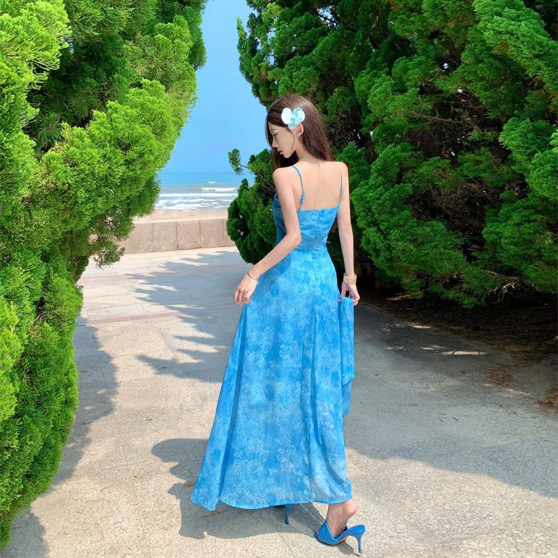 Holiday style blue suspender dress women's summer new waist and thin A-shaped dress