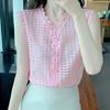 Sweet Solid Color V-Neck Lace Patchwork Shirt Fashion Button Hollow Out Women's Clothing Summer Commute Sleeveless Blouse