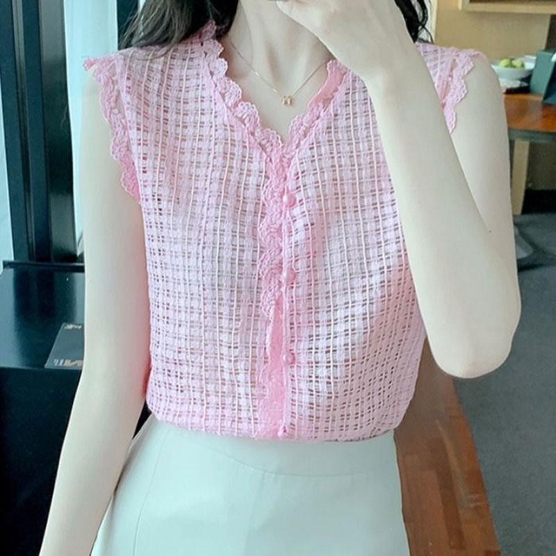Sweet Solid Color V-Neck Lace Patchwork Shirt Fashion Button Hollow Out Women's Clothing Summer Commute Sleeveless Blouse