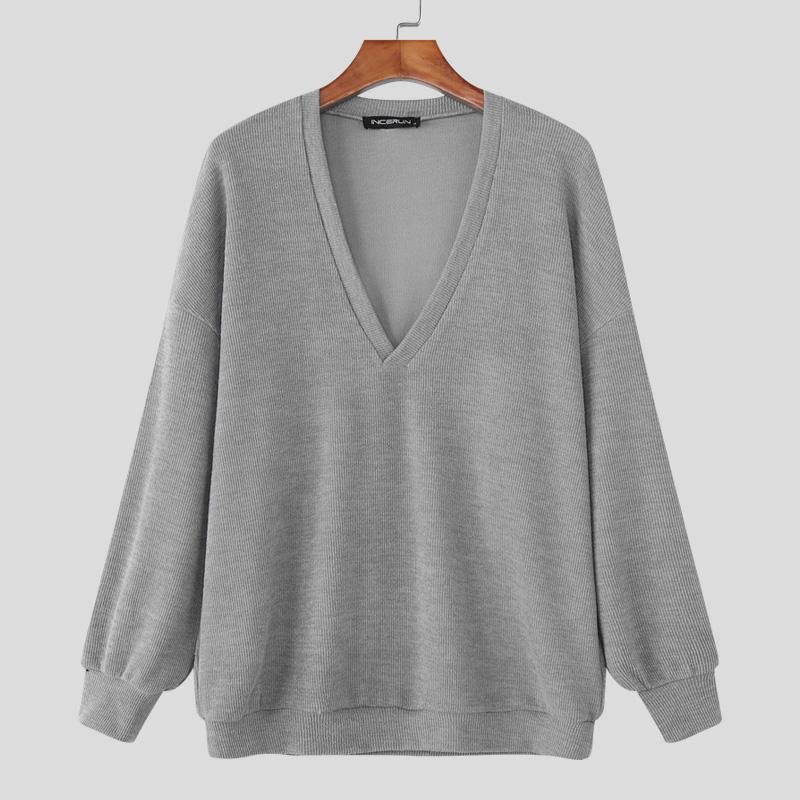 

INCERUN Men V Neck Long Sleeve Texture Knitted Casual Pullover Tops 5XL серый
