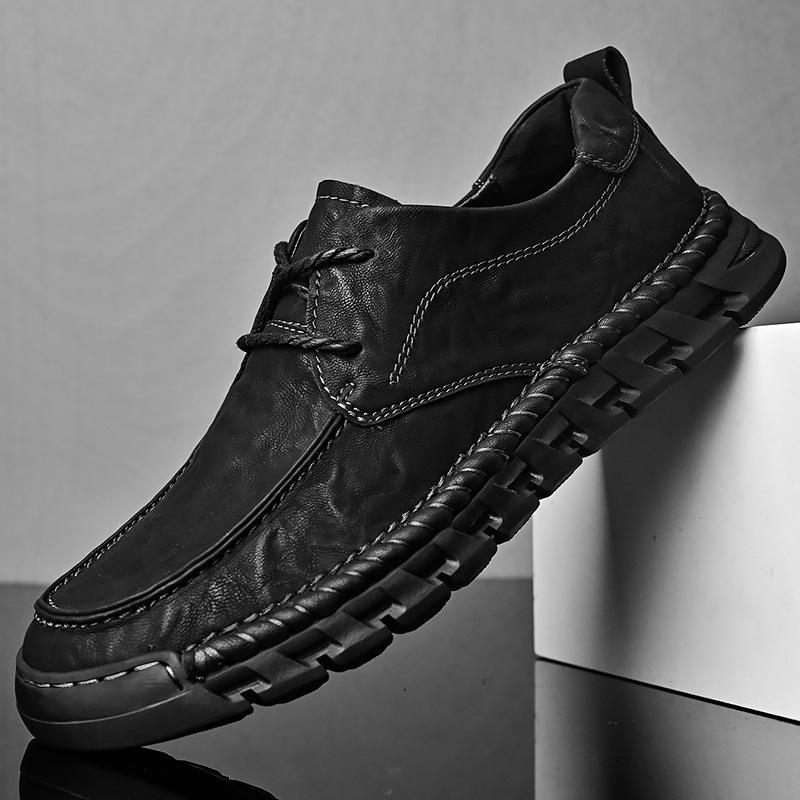 Casual Leather Shoes Men's 2025 New Soft-soled Hand-stitched Versatile Lace-up Men's Shoes Business Dress Breathable Dad Shoes