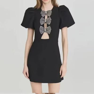2024 Women's Puff Sleeve Round Neck Bowknot Short Dress In European and American Style