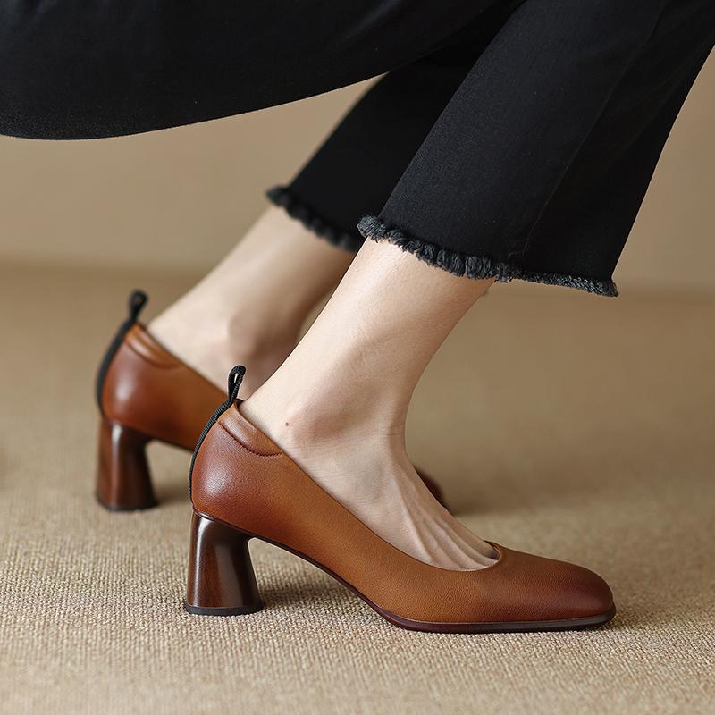 Fashion 2024 New Spring Women Shoes Sheepskin Leather Shoes Women Pumps Square Toe Chunky Heel  Women High Heels Retro