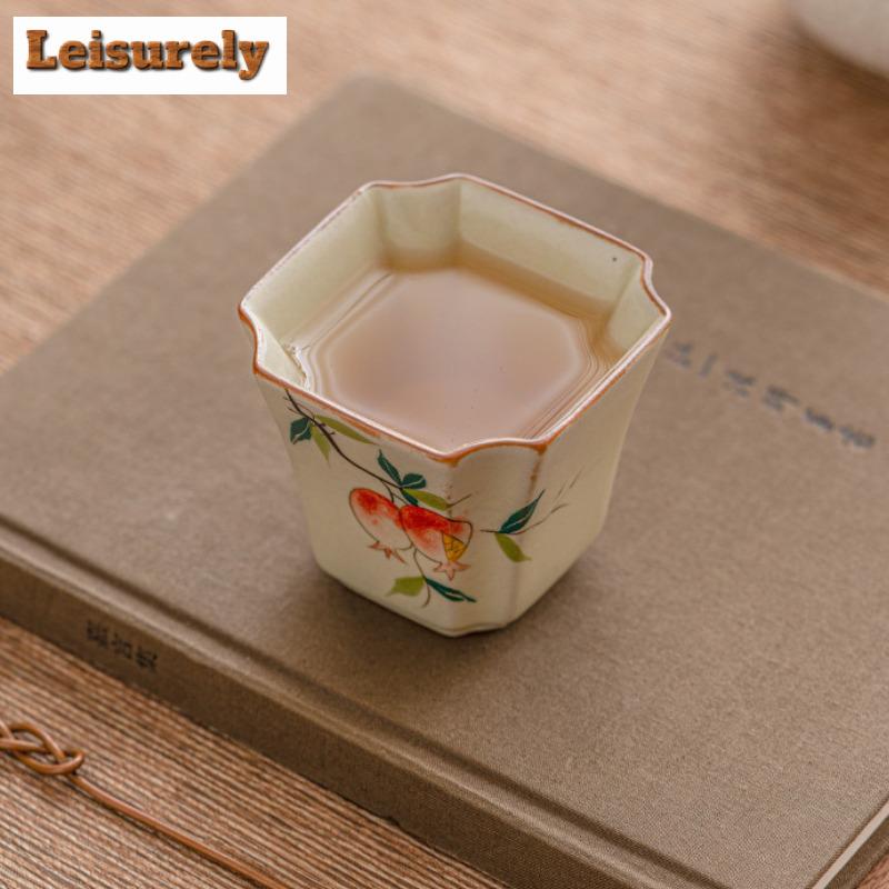 100ml Retro Cream Ru Kiln Ceramic Teacup Hand-painted Pomegranate Straight Mouth Cup Female Master Single Cup Kung Fu Tea Bowl