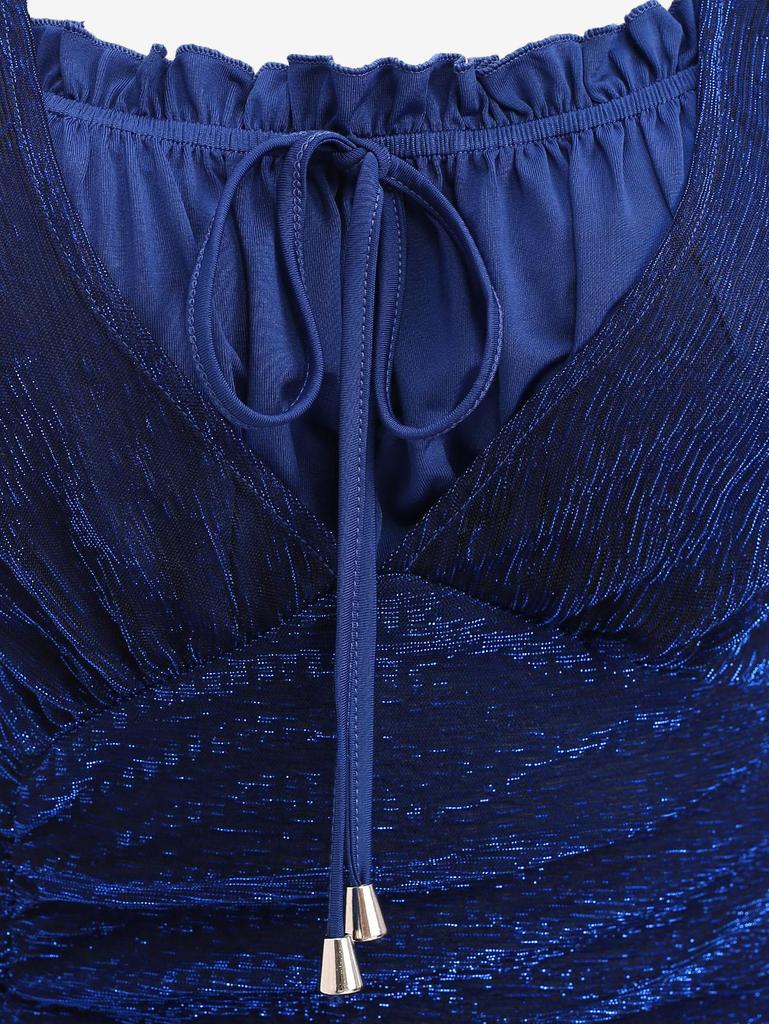 Rosegal Plus Size Star Chain Panel Ruffle Tie Ruched Glitter Mesh T-shirt