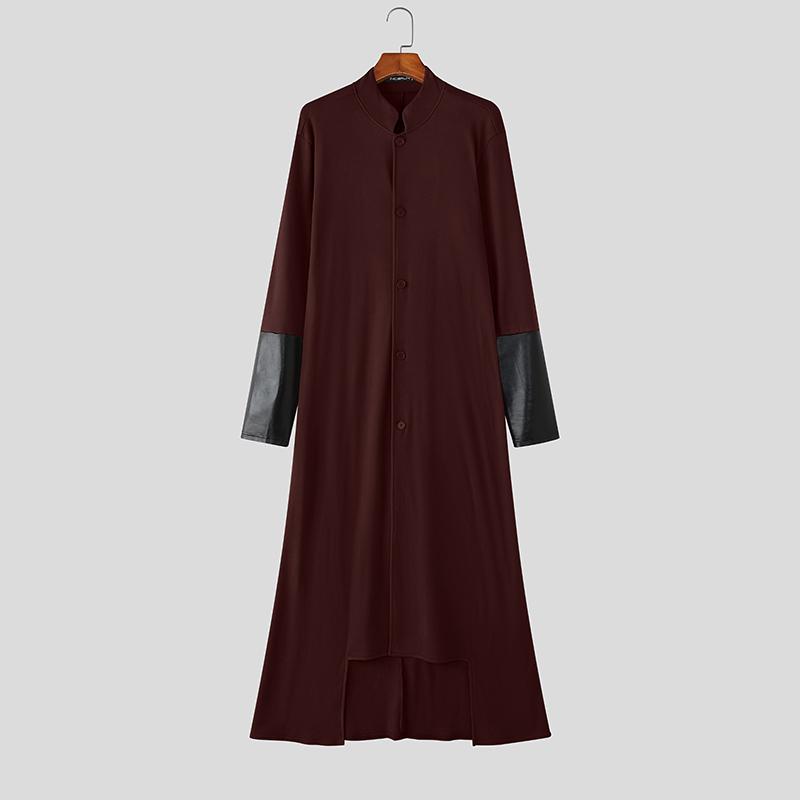 INCERUN Men Stand Neck Patchwork Long Sleeve Buttons High Splits Long Cardigan Coats