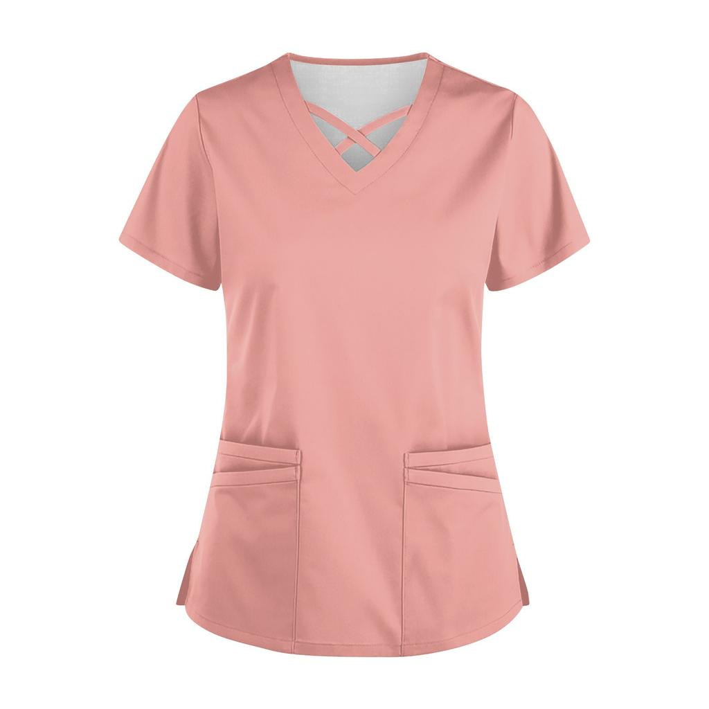 Women’s Short Sleeve V Neck Scrub Top with Cross Neckline and Two Front Pockets for Uniforms