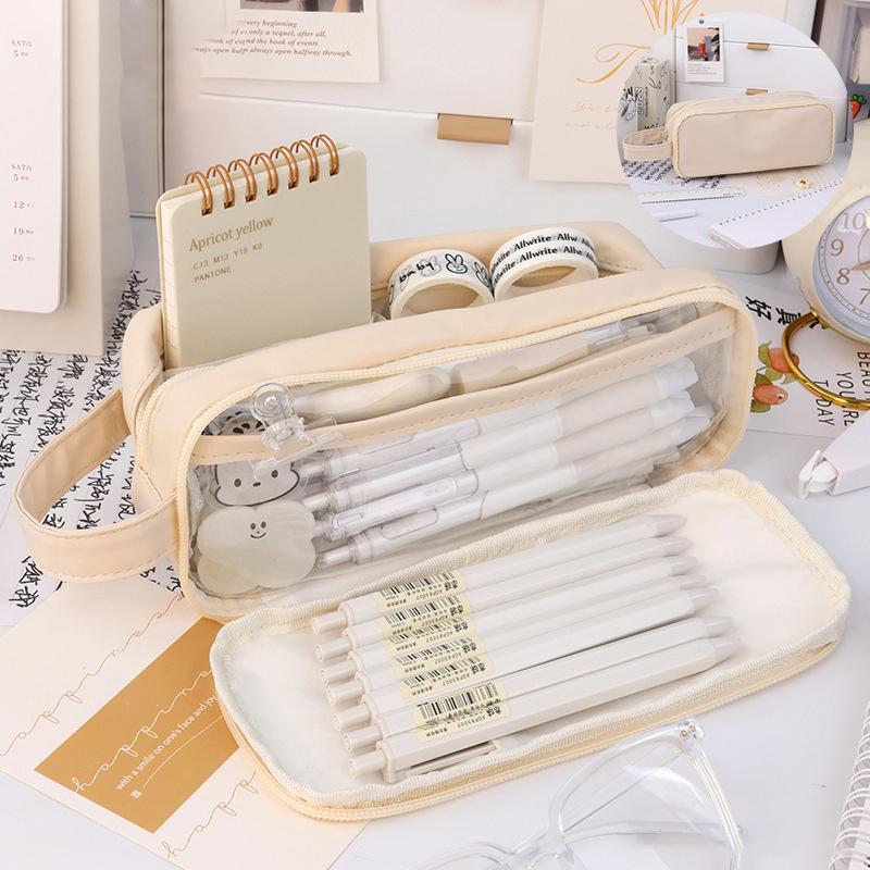 Portable Double-Layer Transparent Pen Bag Box Aesthetic Pencil Pouch Utilities
