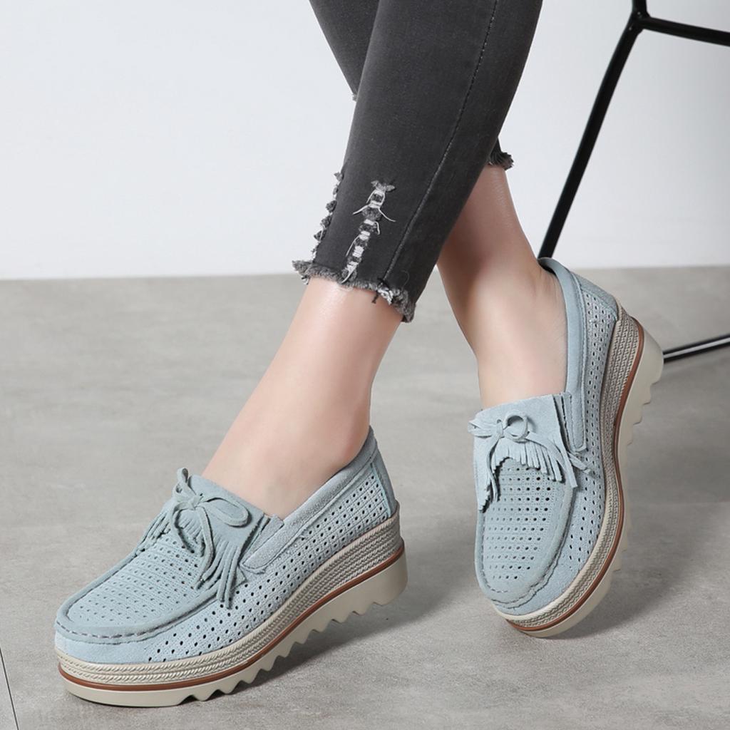 Cow Suede Women's Walking Shoes Fashion Platform Shoes Loafers Height-increased Moccasins Slip-on Mother Shoes