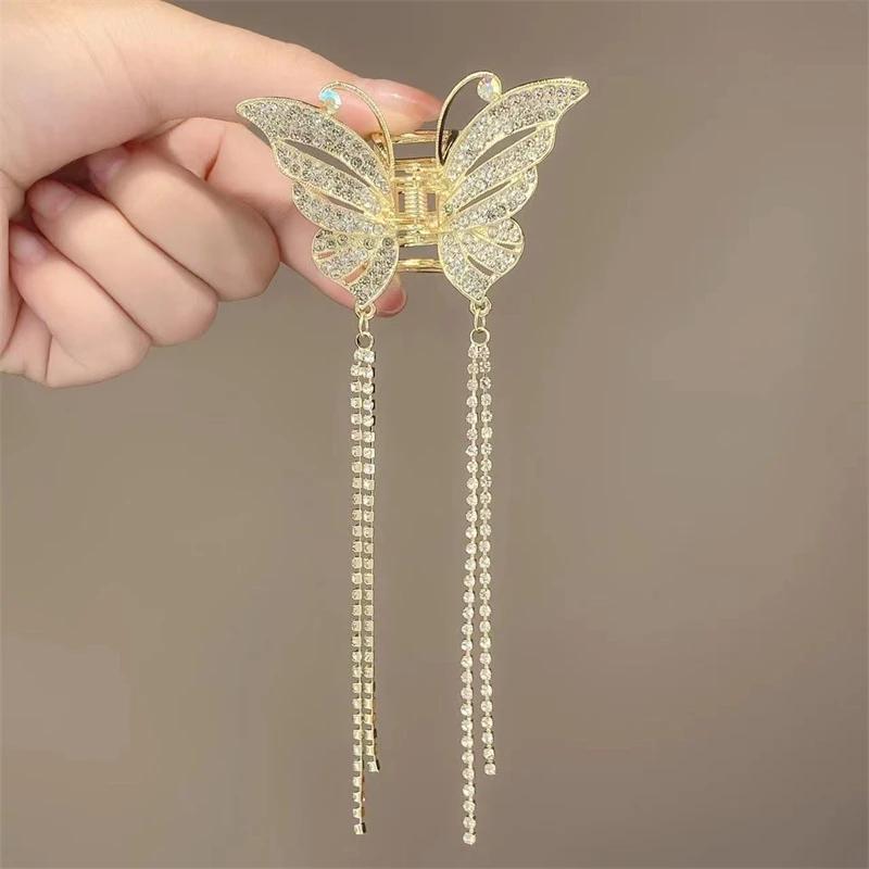 Exquisite Rhinestone Butterfly Fringe Hair Claw Korean New Ponytail Braid Pearl Hair Clip Girl Crab Metal Headdress Gift