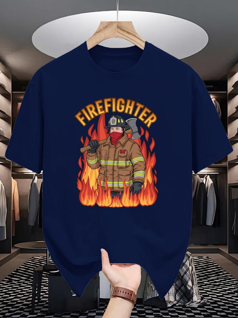 Unisex Crew Neck Tee Firefighter Retro Flame Art Cartoon Print Soft Cotton Loose Short Sleeve Summer Casual Male Streetwear Tops