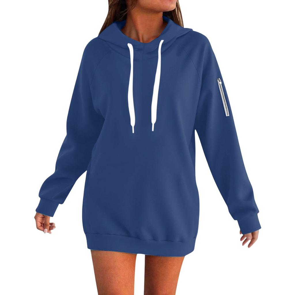 Women's Loose Long Sleeved Solid Color Hooded Sweatshirt With Velvet Drawstring
