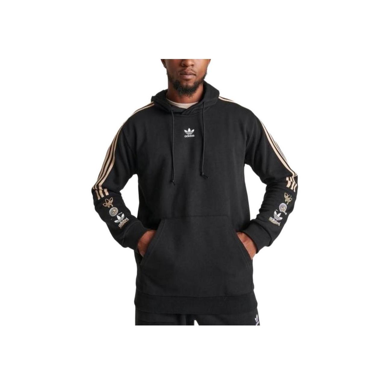 adidas Originals Black Men s Gold 3-Stripes Embroidered Badge Hoodie IS2579 M