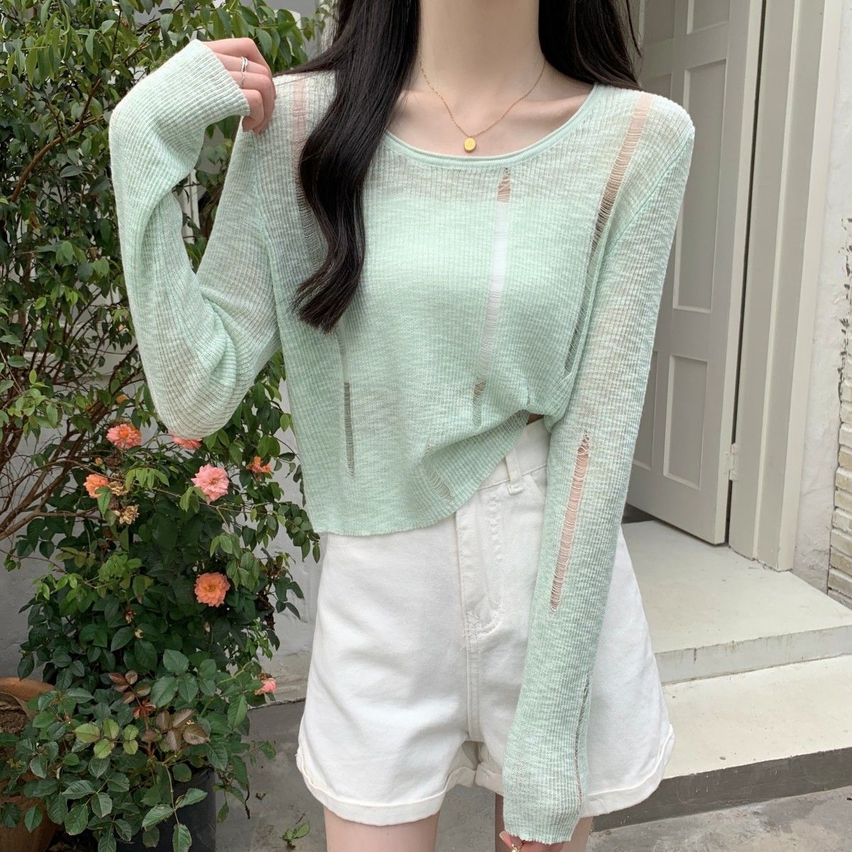 

Тонкая белая футболка с длинными рукавами для женщин, осенний вязаный свитер с солнцезащитным чехлом Ice Silk L зелёный