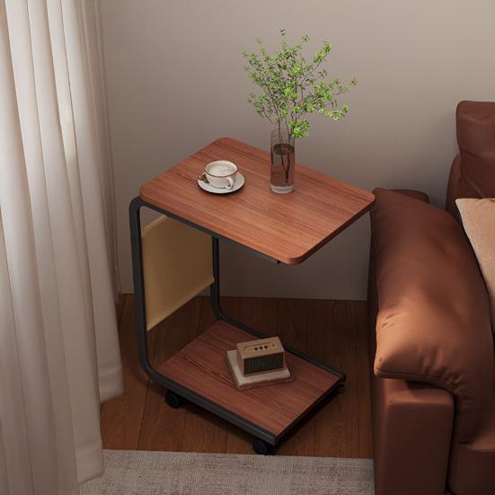 2-stöckiger C-förmiger Beistelltisch Rollender kleiner Kaffeetisch mit hölzerner Tischplatte Metallrahmen Wohnzimmer Schlafzimmer Ecke Nachttisch Schreibtisch mit Rädern