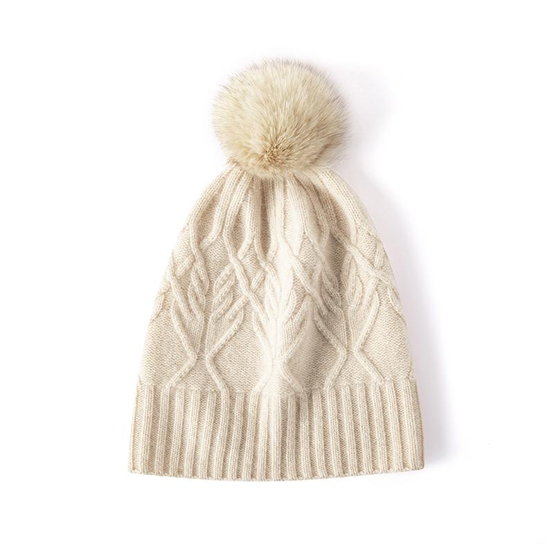 Women 100% Pure Cashmere Beanie Hat Pom Pom Detail Cable Knit Winter Warm Soft Slouchy Skullies Cap Cold Weather Accessory