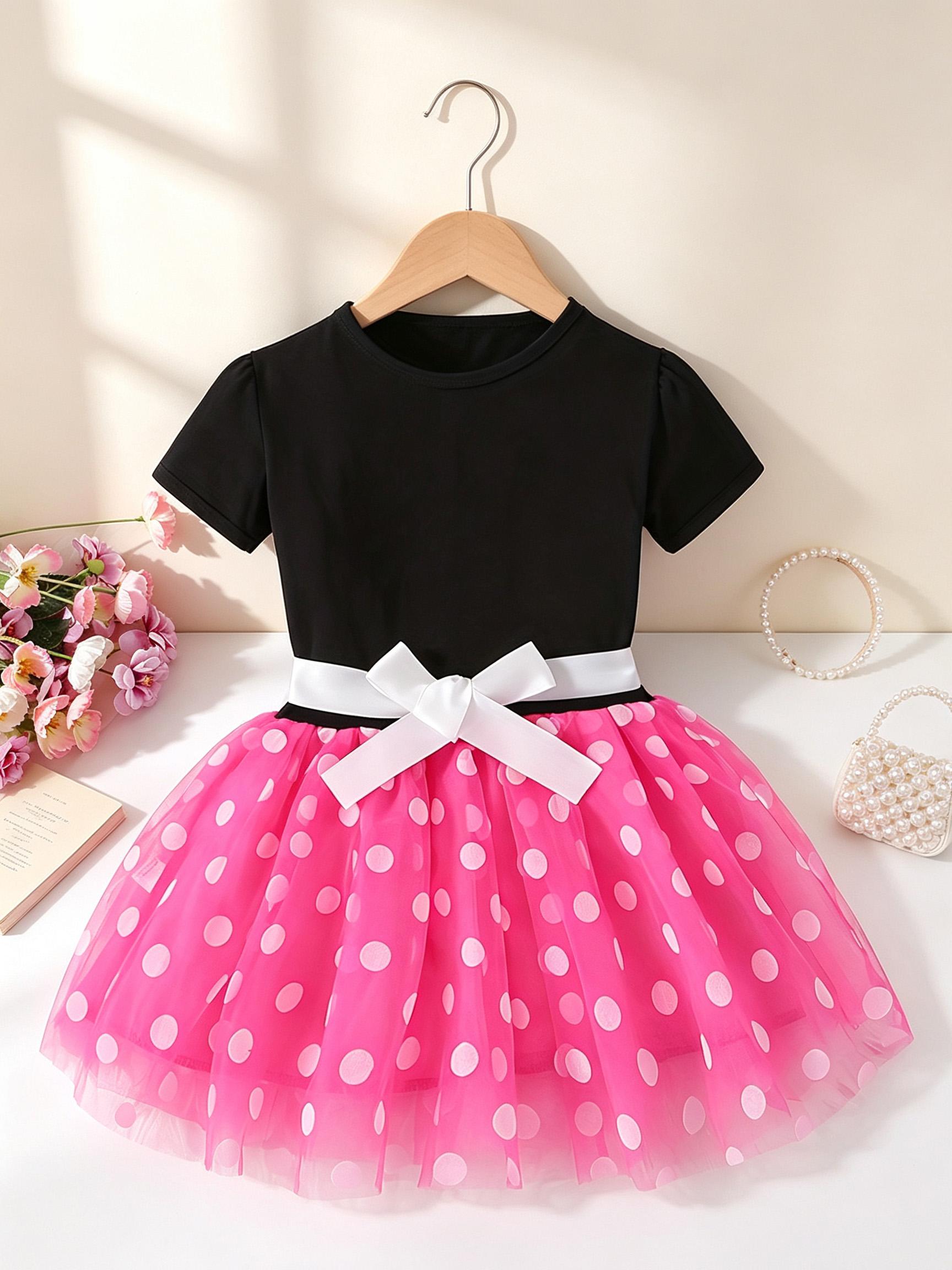 Girls Short Sleeve Polka Dot Tulle Dress Kids Spring Summer Princess Dress 1-2Y