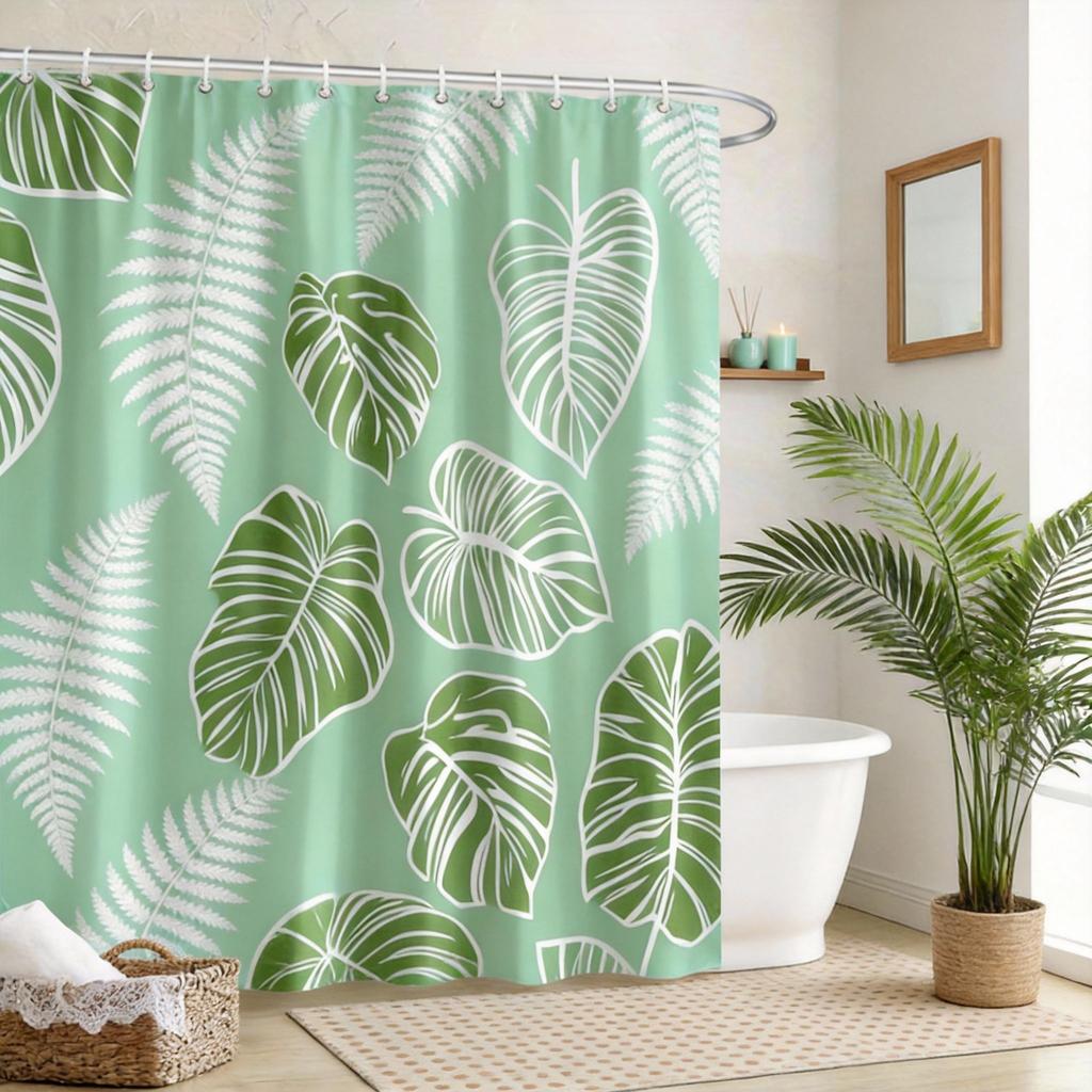 Tropical Leaves Shower Curtain 180x180cm – Olive Green Monstera Pilea Philodendron, Boho Minimalist Bathroom Decor, 12 Hooks