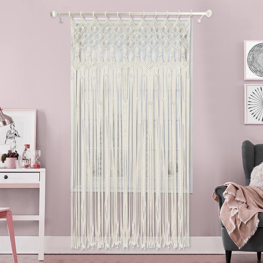 Bohemian Woven Cotton Curtain with Wood Rings, White Yarn Doorway Window Drape, 120x195cm Long Decorative Panel for Backdrop