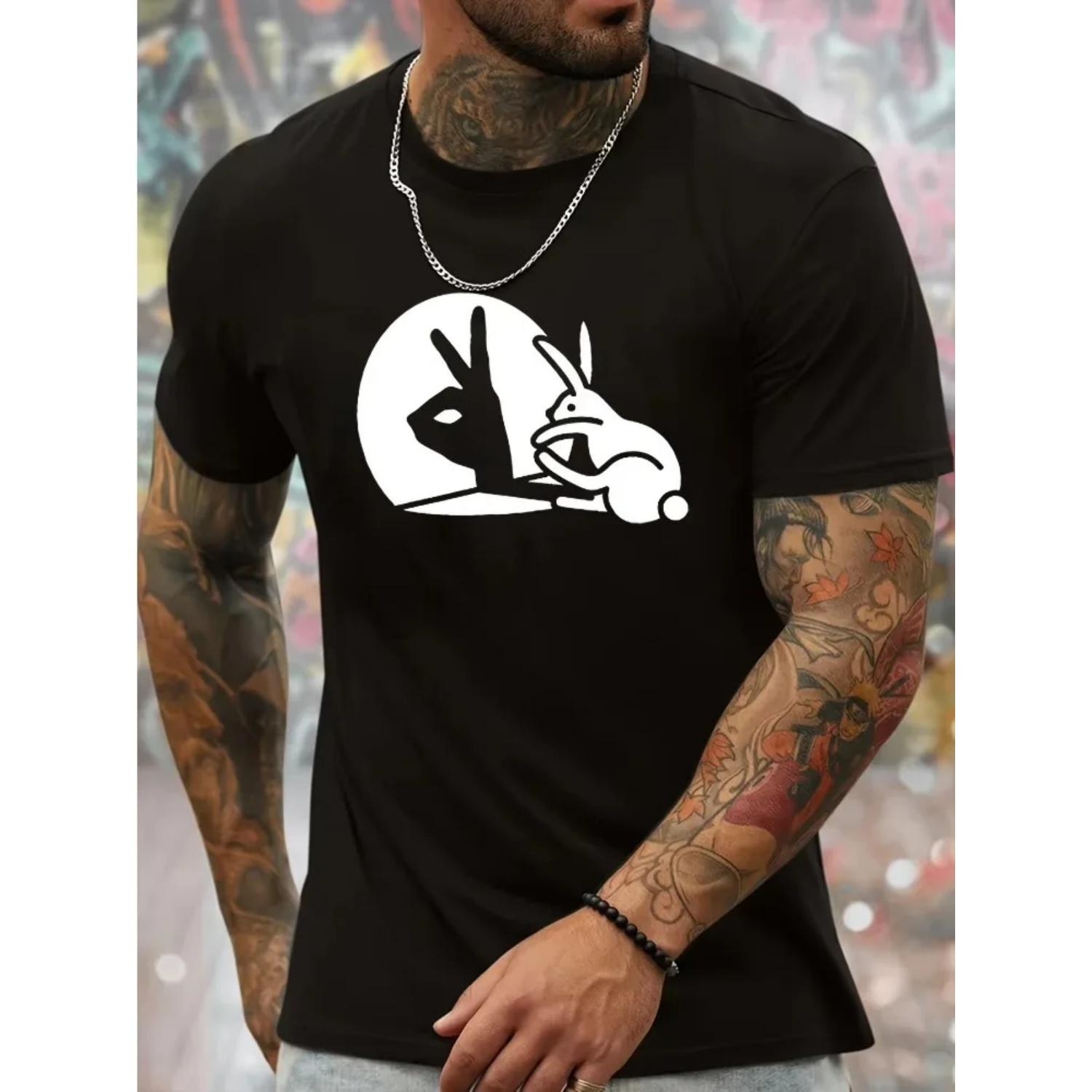 

Men s Summer 100 Cotton Fashionable Casual Loose Rabbit and Victory Gesture Graphic Printed Round Neck Short Sleeved T-shirt Top S чёрный