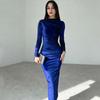 Women's Autumn and Winter Fashion Solid Color Slim Pleated Round Neck Long Sleeve Dress