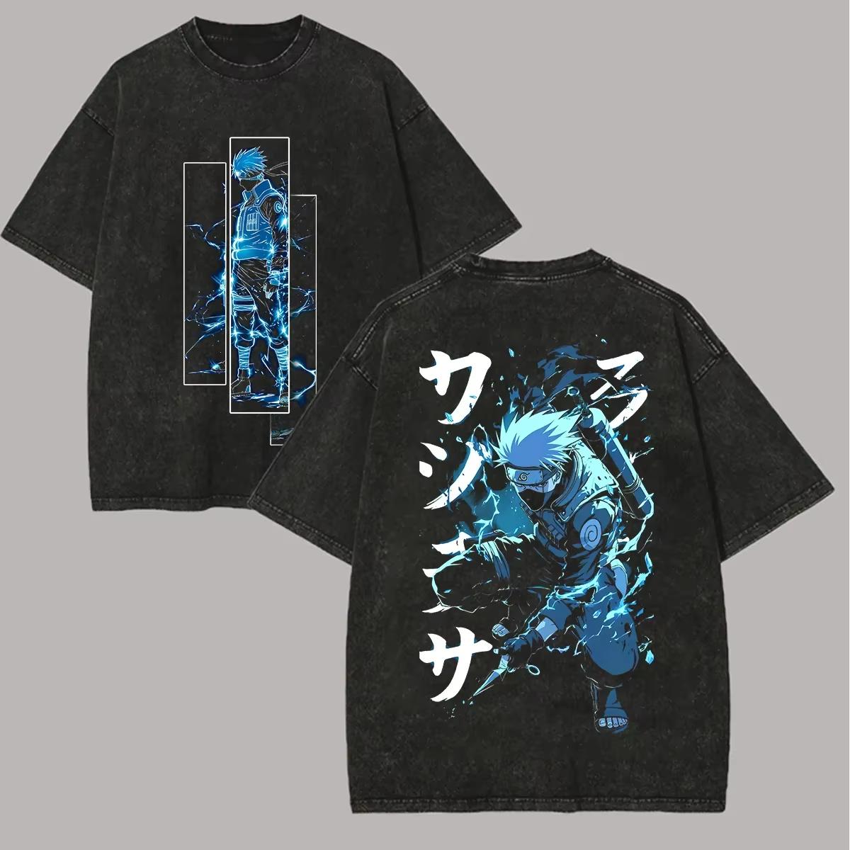 

Kakashi Hatake T Shirt Naruto Men Acid Wash Back Print Chidori Anime Graphic Cotton Streetwear Blue Light Vintage Hip Hop Tee M