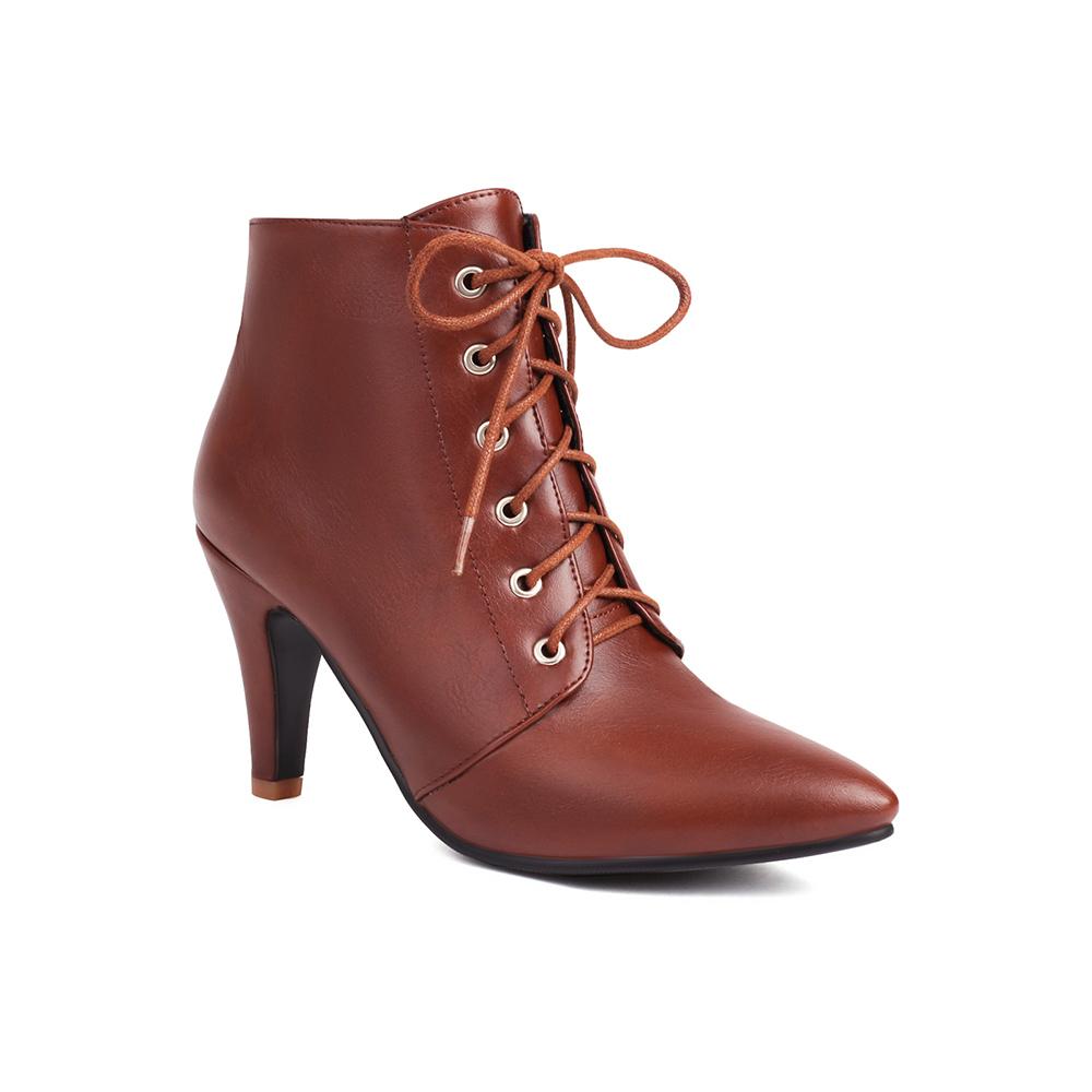Spring Brown Apricot Women Ankle Boots Pointed Toe Lace up High Heel Small Big Size 33 47