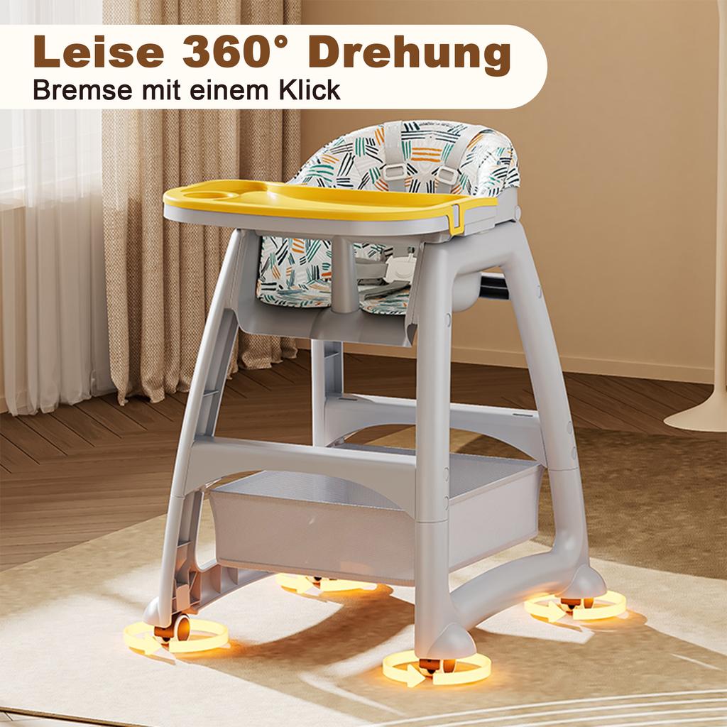 Chaise Haute pour Enfants avec 3 Assiettes Repas Interchangeables en PP, Harnais 5 Points, Roues Bloquables et Plateau Amovible - Pour 6 Mois à 3 Ans