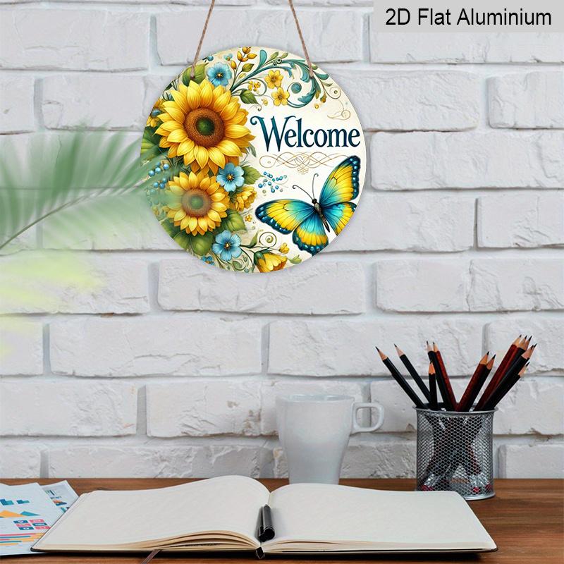 2D Flat 1pc, 8x8 in Vintage Sunflower & Butterfly Round Aluminum Metal Sign – Rustic Welcome Design for Home, Garden, Cafe, and Farmhouse Decor