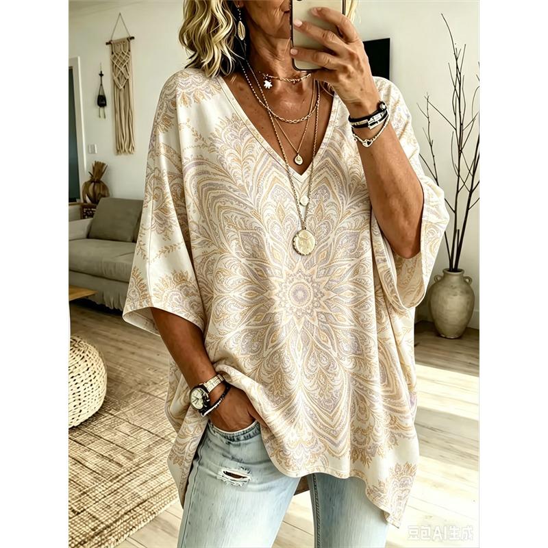 Printed Plus-Size Women's V-Neck Batwing Sleeve T-Shirt Bohemian Ethnic Print Loose Top Summer Comfortable Breathable Daily Commute Casual