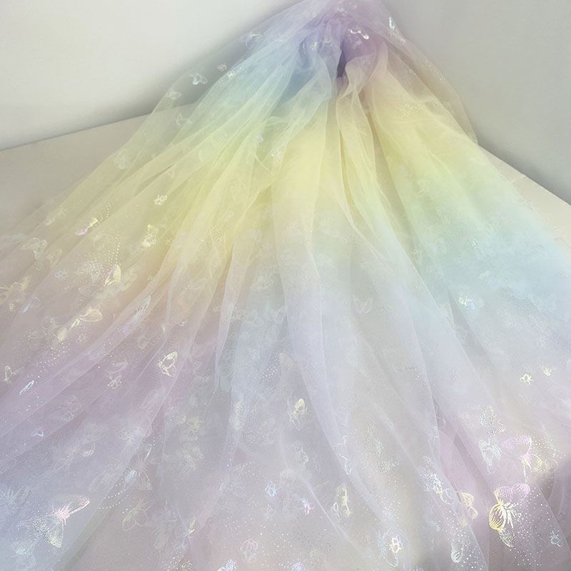 Gradient Rainbow Tulle Fabric Star Sequin By The Meter for Dress Hanfu Wedding Package DIY Sewing Cloth Soft Thin Draping Blue