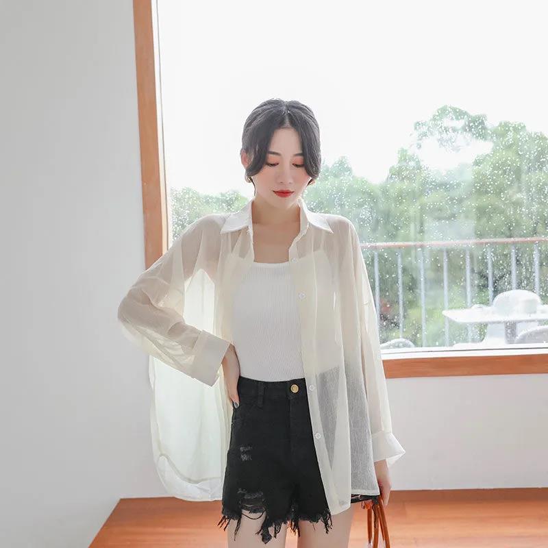 Sunscreen Chiffon Shirt Female Summer Coat Korean Version  Thin Section  Blouse Loose Air-conditioned Shirt Tide Womens Tops White Polo Collar Shirt