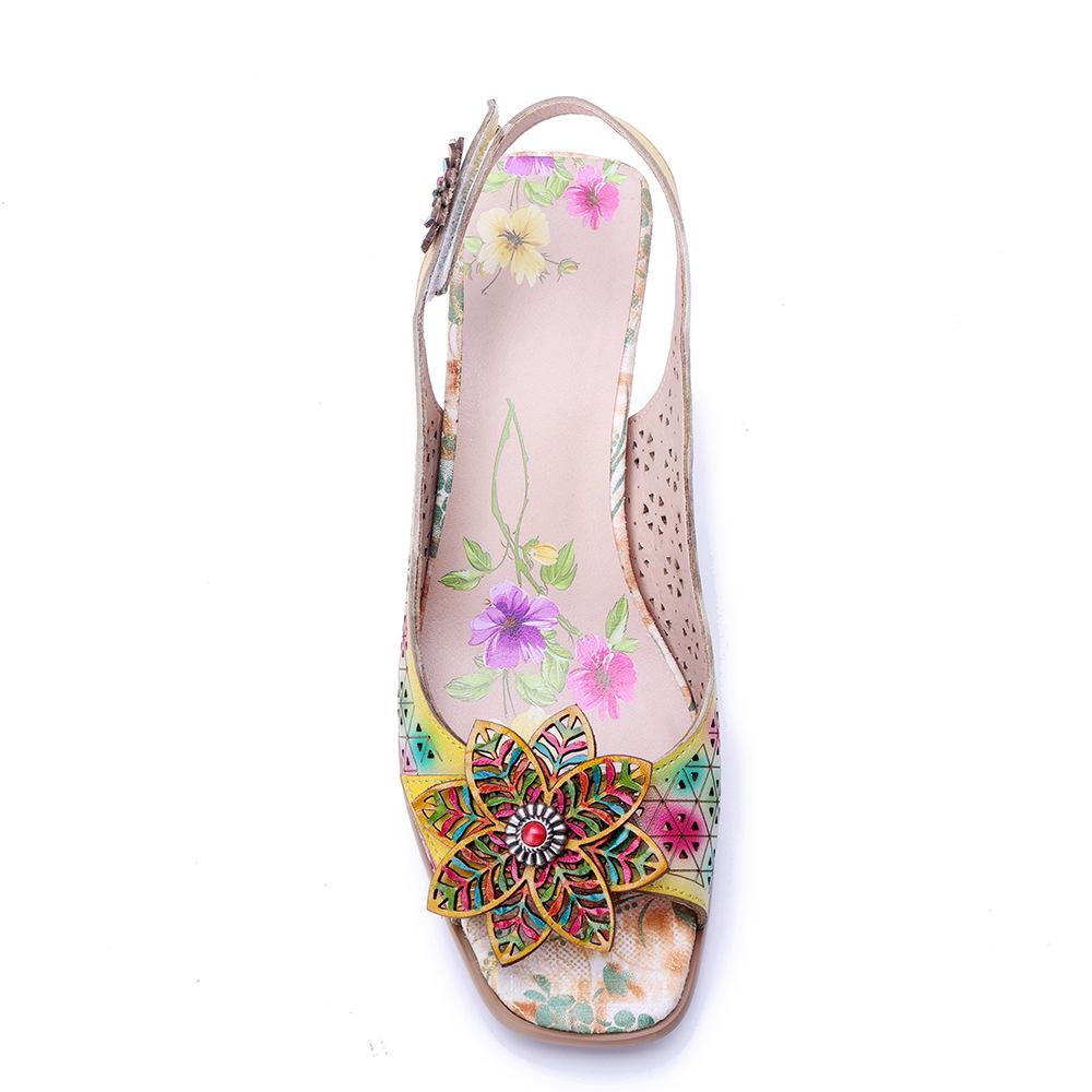 Johnature Genuine Leather Retro Baroque Style Hollow Out Colorful Three-dimensional Flower High-heeled Sandals