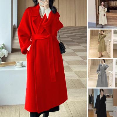 Abrigo de Invierno para Mujer con Cinturón Cuello Solapa Bolsillos Color Liso Cárdigan Medio