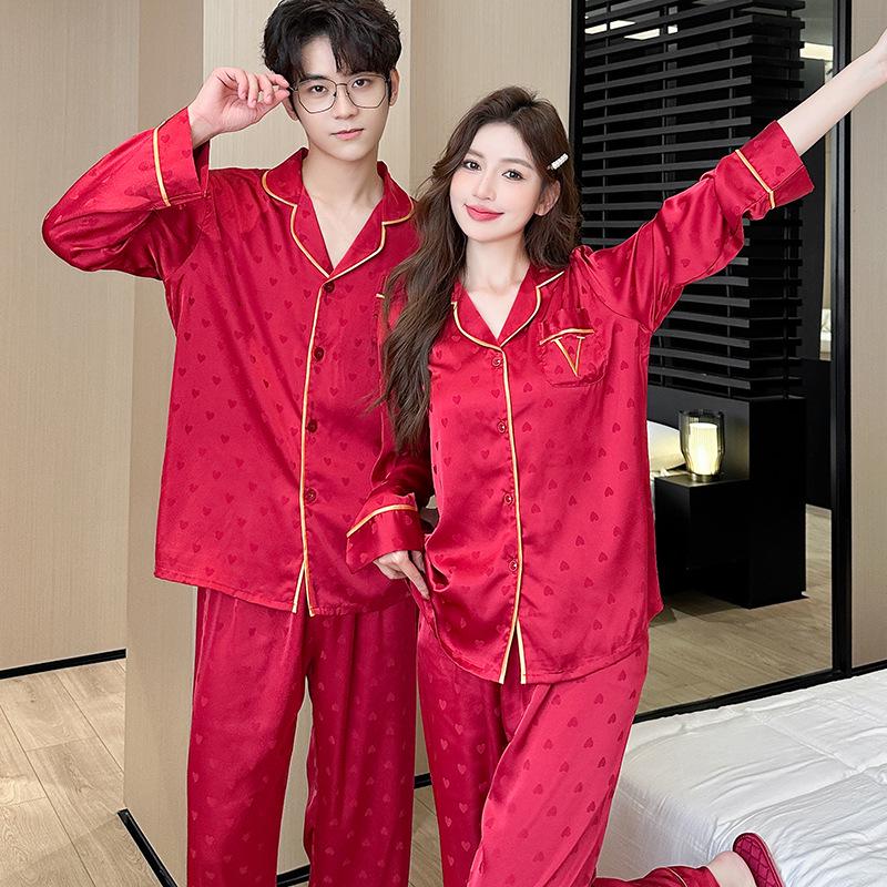 

Women s Spring-Autumn Ice Silk Pajama Set - Korean Style, Long Sleeve, Loose Fit, Plus Size, Luxury Home Wear Men s XL