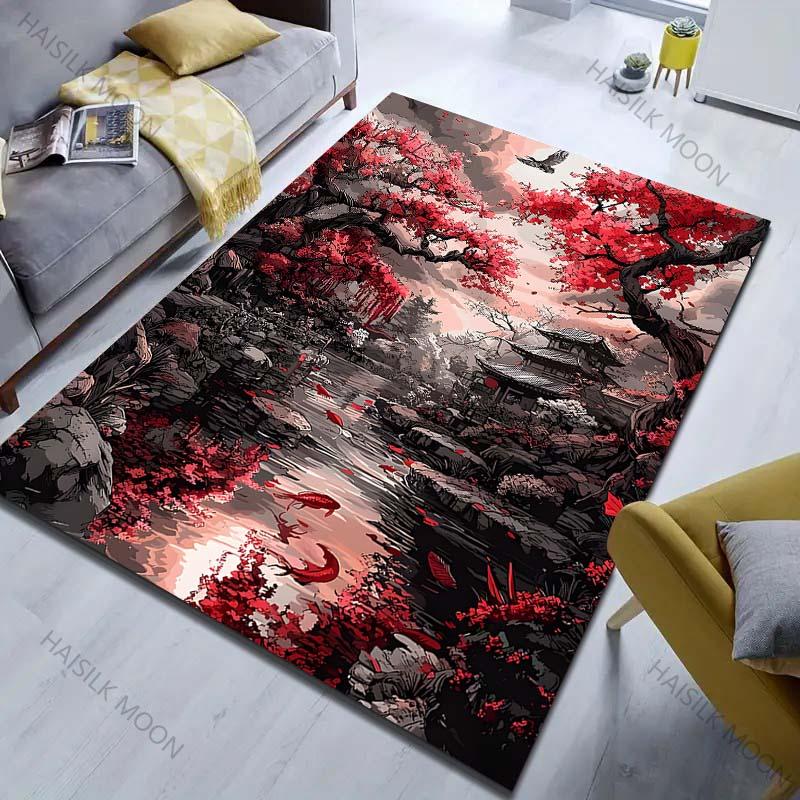 1PC Red maple trees and Japanese garden Carpet for Living Room Bedroom Sofa Home Decor Rus Non-slip Floor Mat Luxury Gift