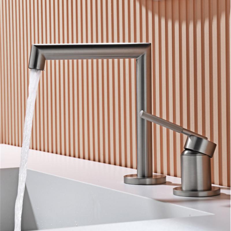 Tuqiu Brushed Gold Basin faucet Gray Bathroom Faucet two holes bathroom Sink faucet sink tap rotating widespread basin Tap