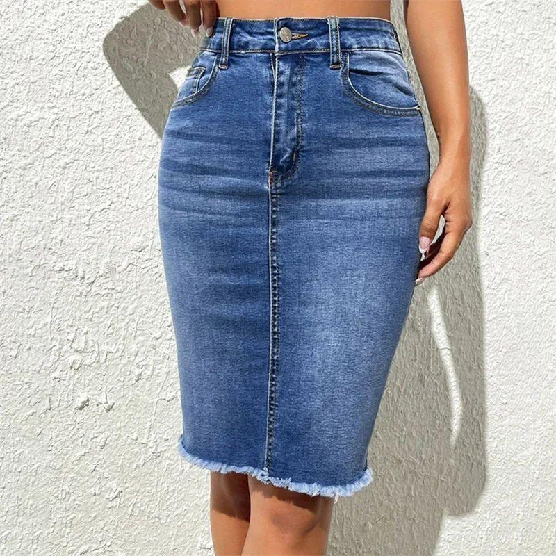

Elastic High Waisted Edge Wrapped Skirt Elastic High Waist Frayed Hip Skirt Blue 2XL