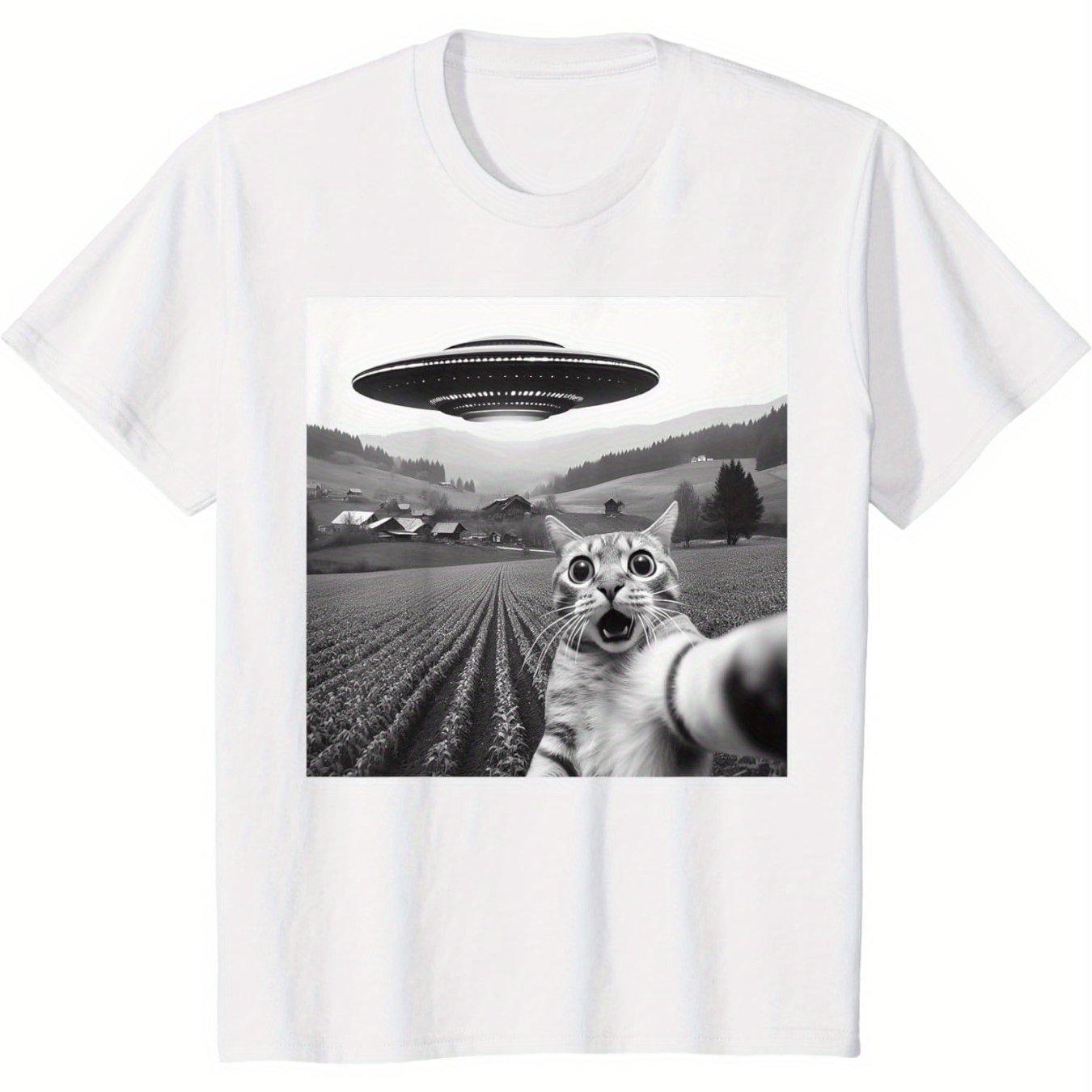 

UFO and Cat Pattern Print Tshirt Women Men Summer Casual Loose Humorous Round Neck Short Sleeve Oversize Top Tshirt Unisex S